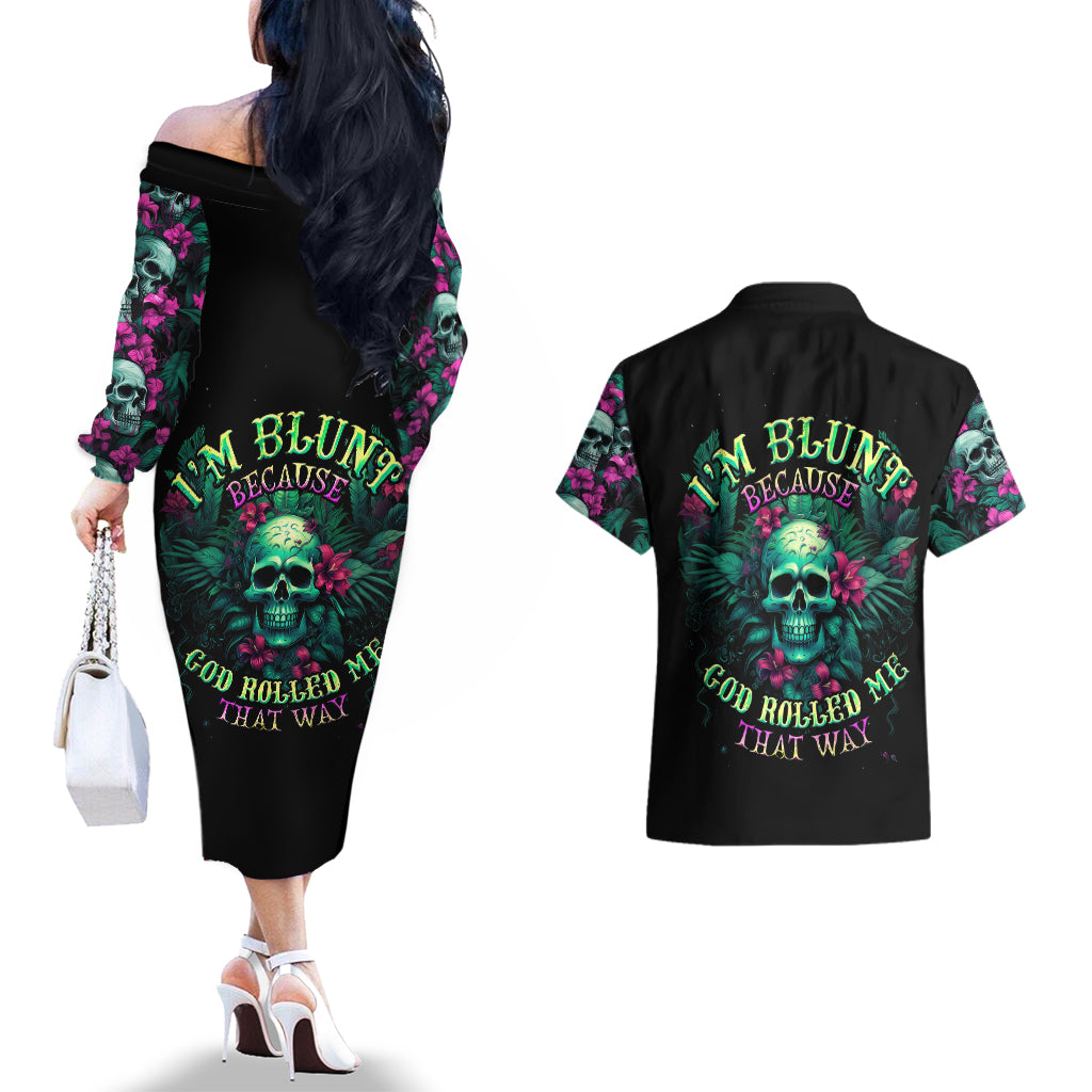 Tropical Skull Couples Matching Off The Shoulder Long Sleeve Dress and Hawaiian Shirt I'm Blunt Because God Rolled Me That Way - Wonder Print Shop