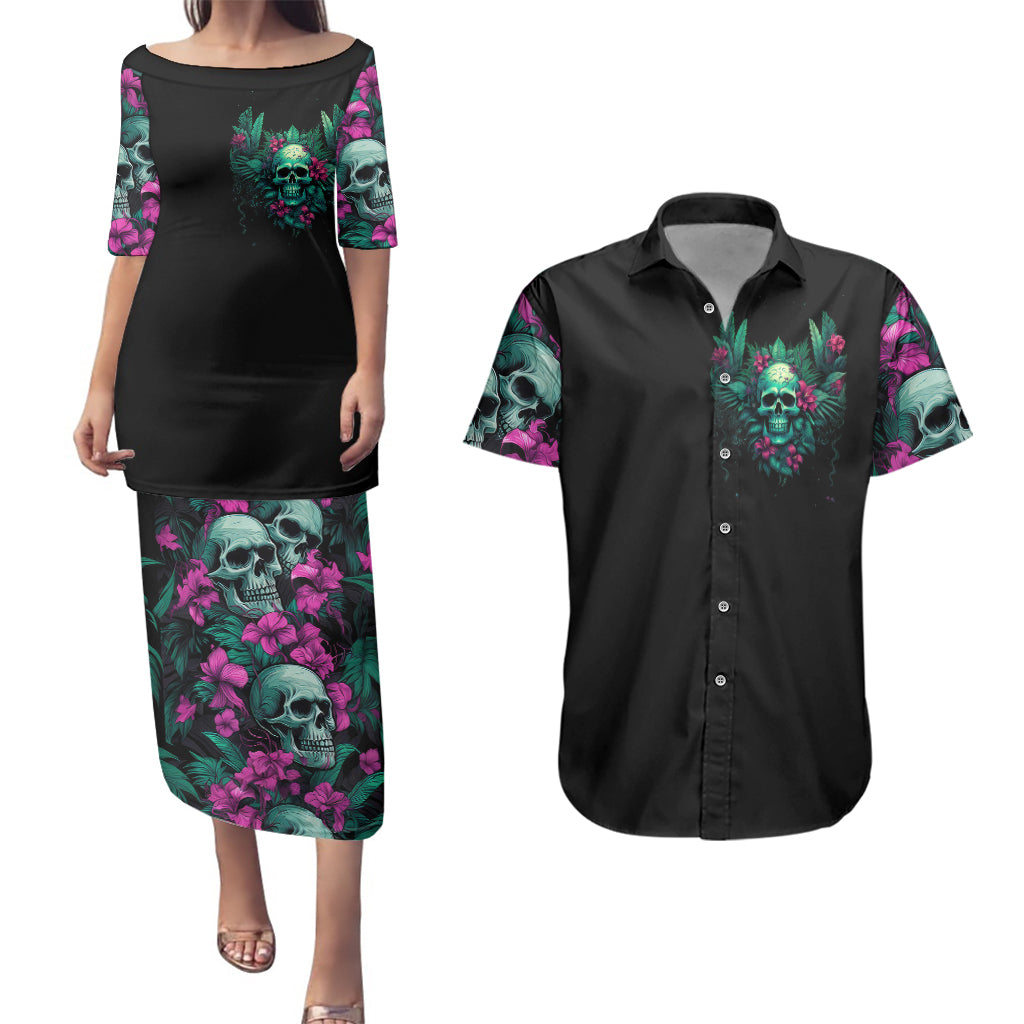 Tropical Skull Couples Matching Puletasi Dress and Hawaiian Shirt I'm Blunt Because God Rolled Me That Way - Wonder Print Shop