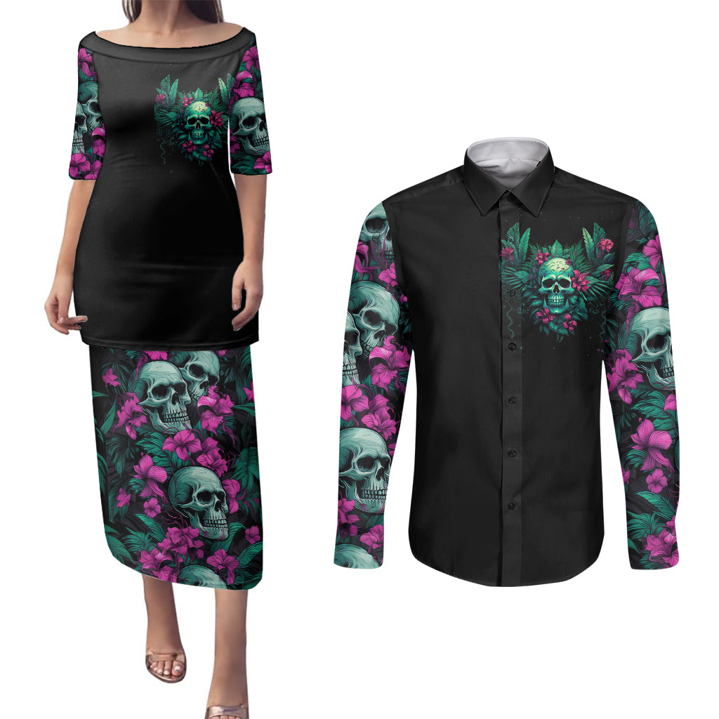 Tropical Skull Couples Matching Puletasi Dress and Long Sleeve Button Shirts I'm Blunt Because God Rolled Me That Way - Wonder Print Shop