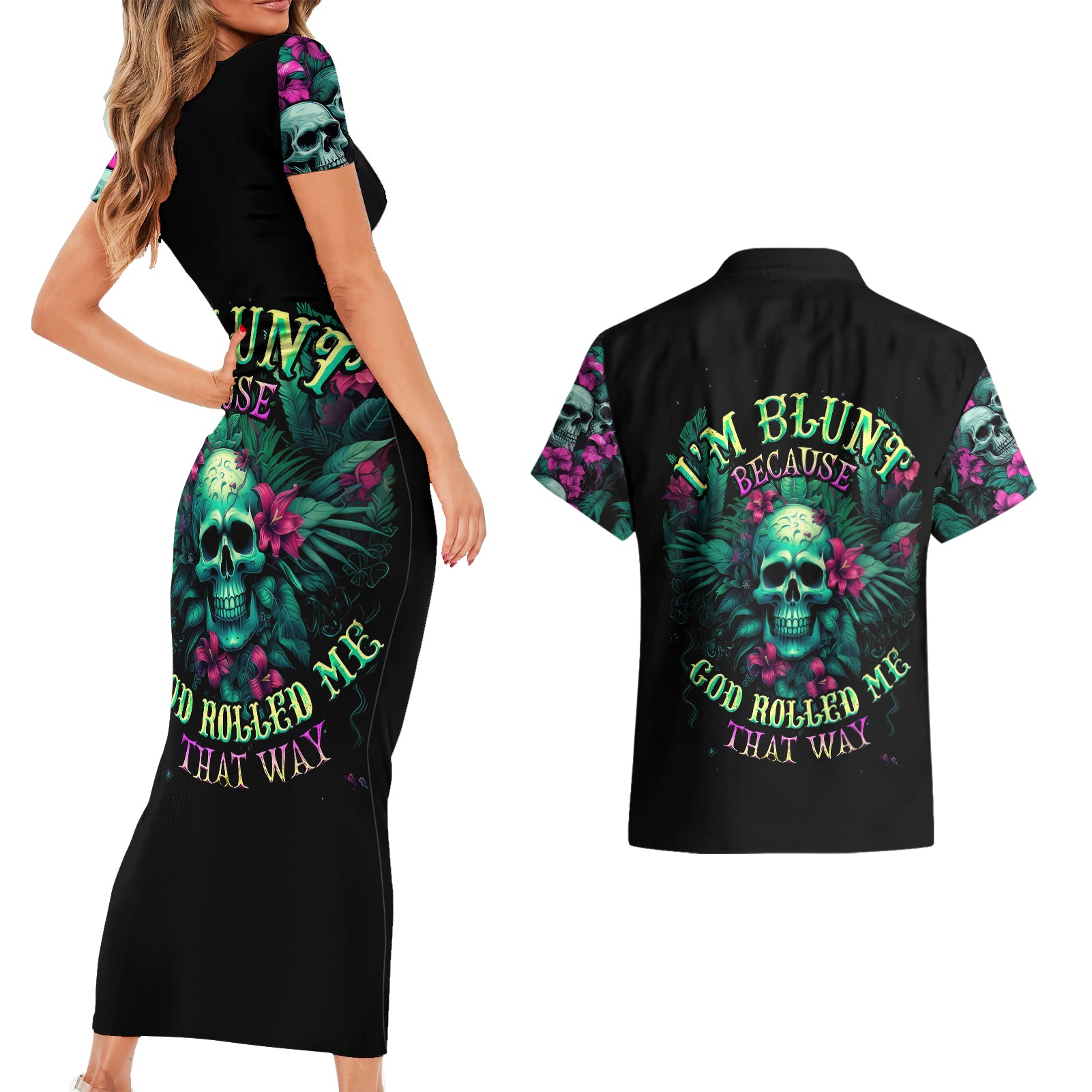 Tropical Skull Couples Matching Short Sleeve Bodycon Dress and Hawaiian Shirt I'm Blunt Because God Rolled Me That Way - Wonder Print Shop