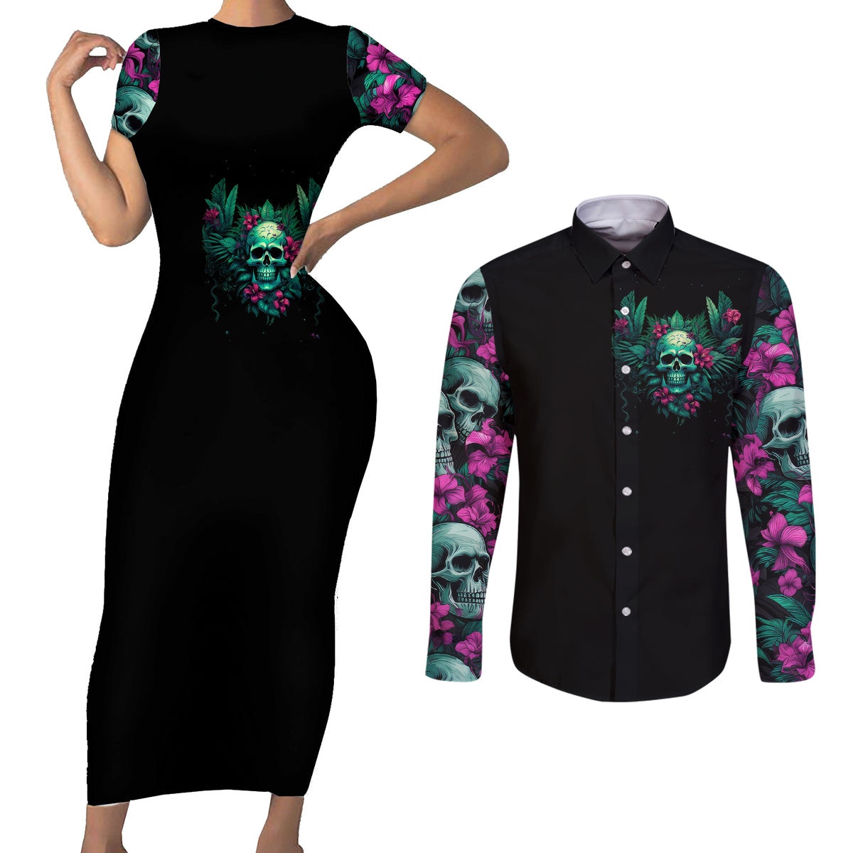 Tropical Skull Couples Matching Short Sleeve Bodycon Dress and Long Sleeve Button Shirts I'm Blunt Because God Rolled Me That Way - Wonder Print Shop