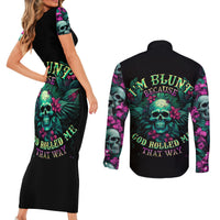 Tropical Skull Couples Matching Short Sleeve Bodycon Dress and Long Sleeve Button Shirts I'm Blunt Because God Rolled Me That Way - Wonder Print Shop