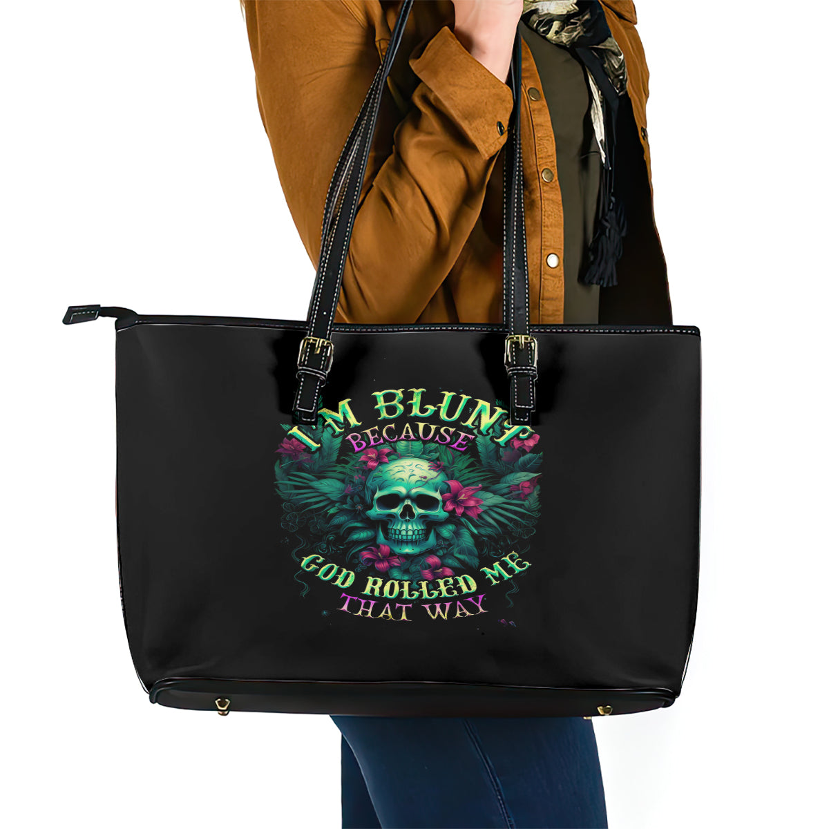 Tropical Skull Leather Tote Bag I'm Blunt Because God Rolled Me That Way - Wonder Print Shop