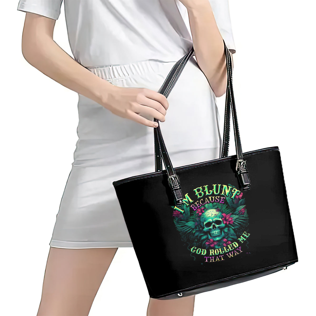 Tropical Skull Leather Tote Bag I'm Blunt Because God Rolled Me That Way - Wonder Print Shop