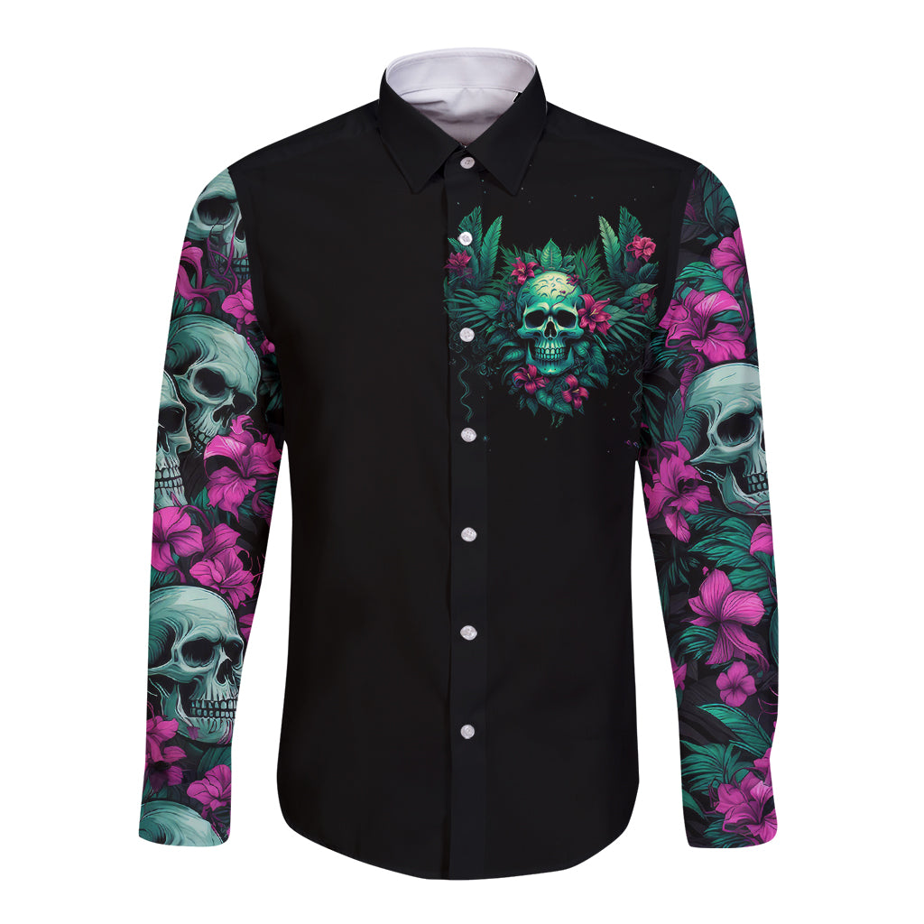 Tropical Skull Long Sleeve Button Shirt I'm Blunt Because God Rolled Me That Way - Wonder Print Shop