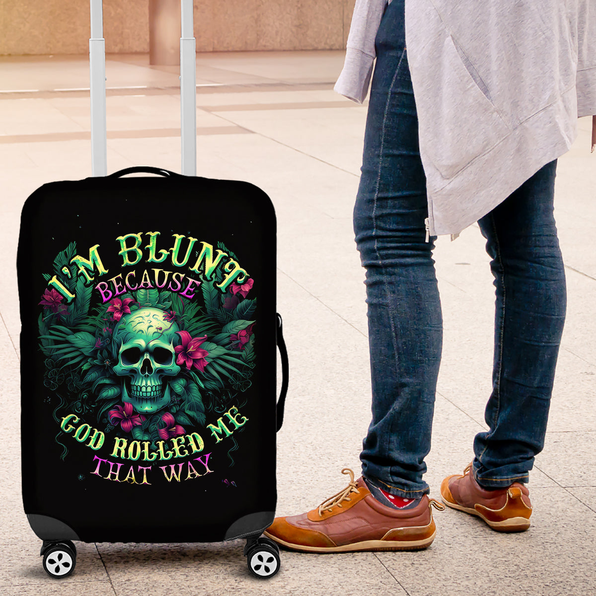 Tropical Skull Luggage Cover I'm Blunt Because God Rolled Me That Way - Wonder Print Shop