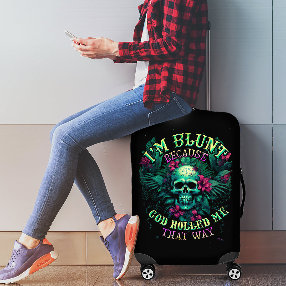 Tropical Skull Luggage Cover I'm Blunt Because God Rolled Me That Way - Wonder Print Shop