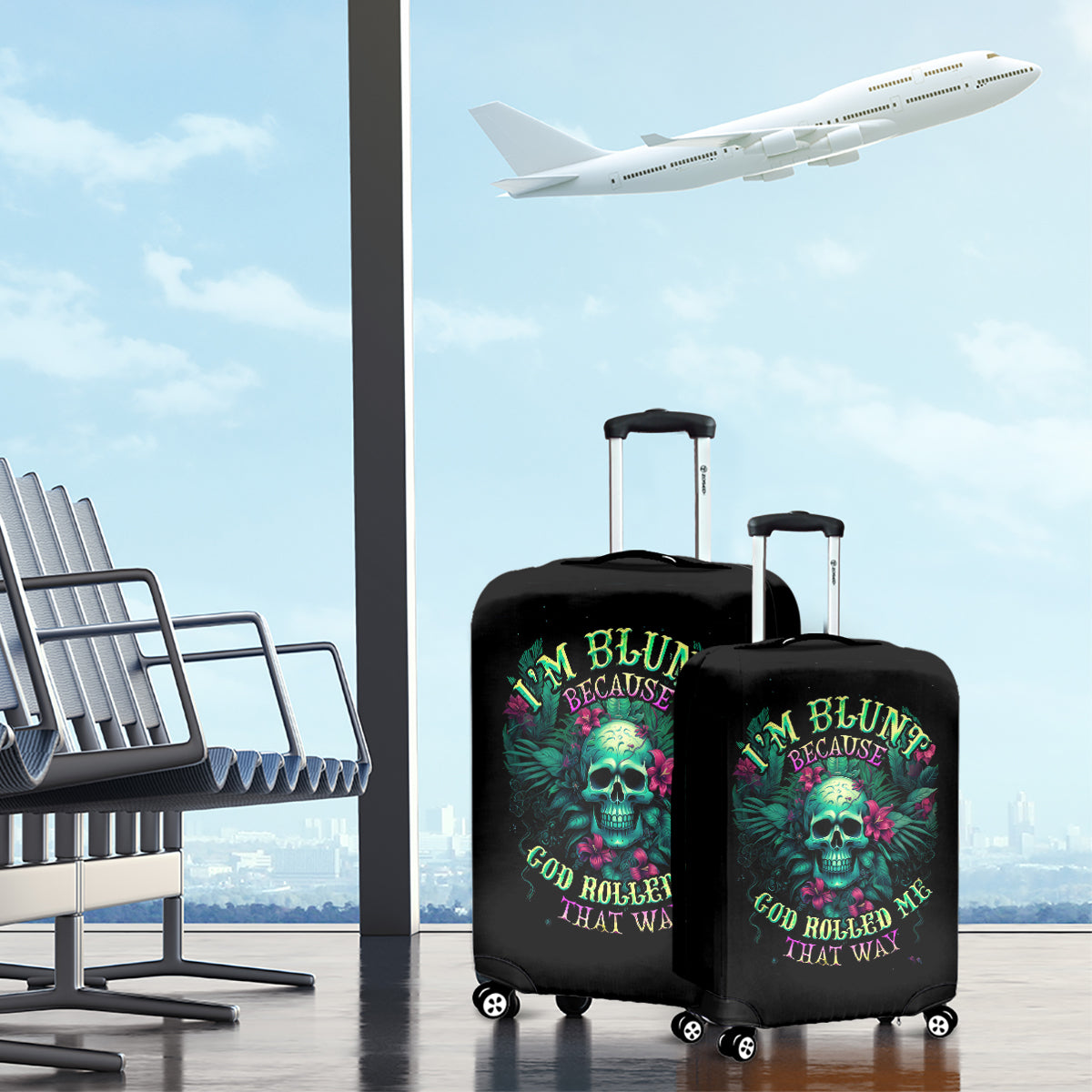 Tropical Skull Luggage Cover I'm Blunt Because God Rolled Me That Way - Wonder Print Shop