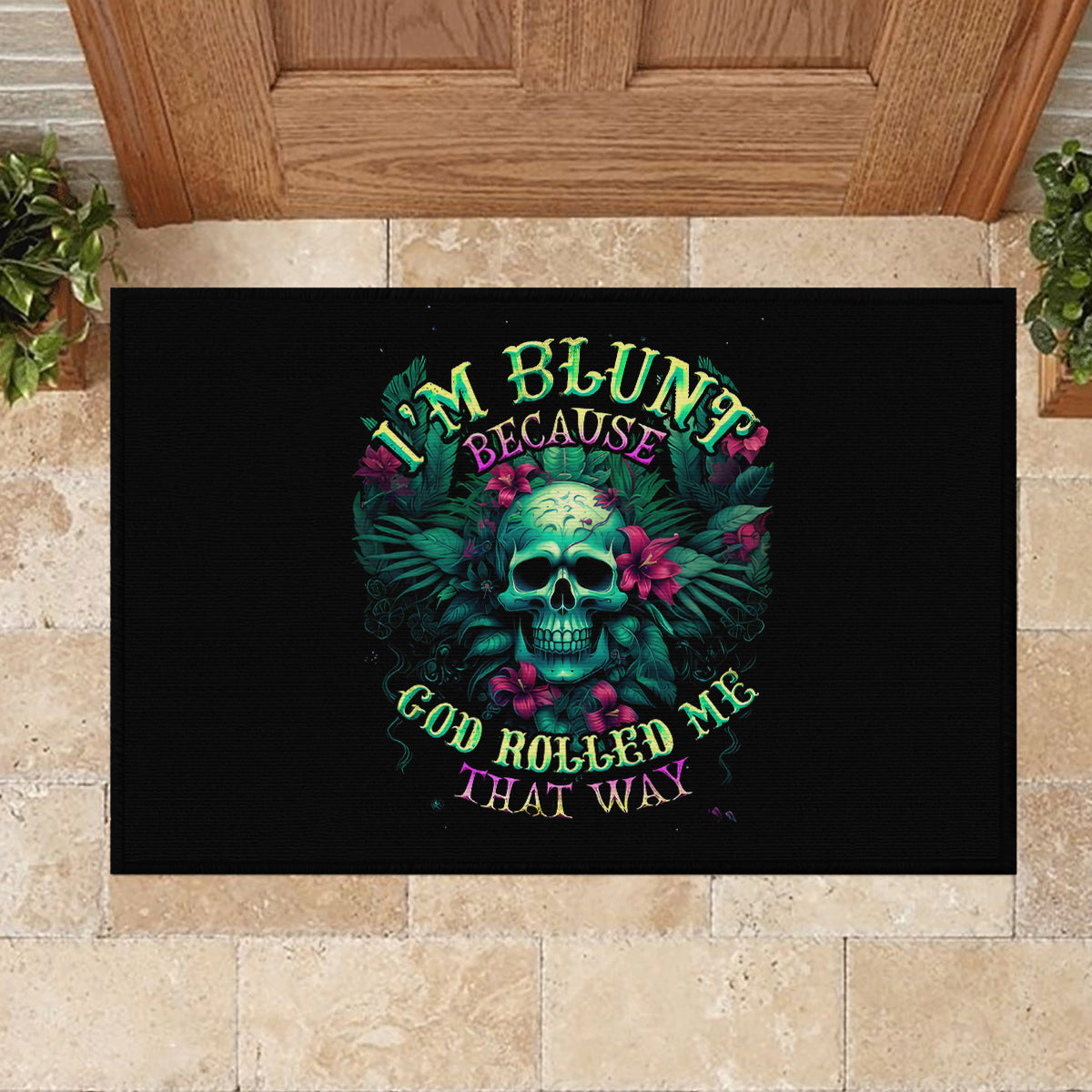 Tropical Skull Rubber Doormat I'm Blunt Because God Rolled Me That Way - Wonder Print Shop