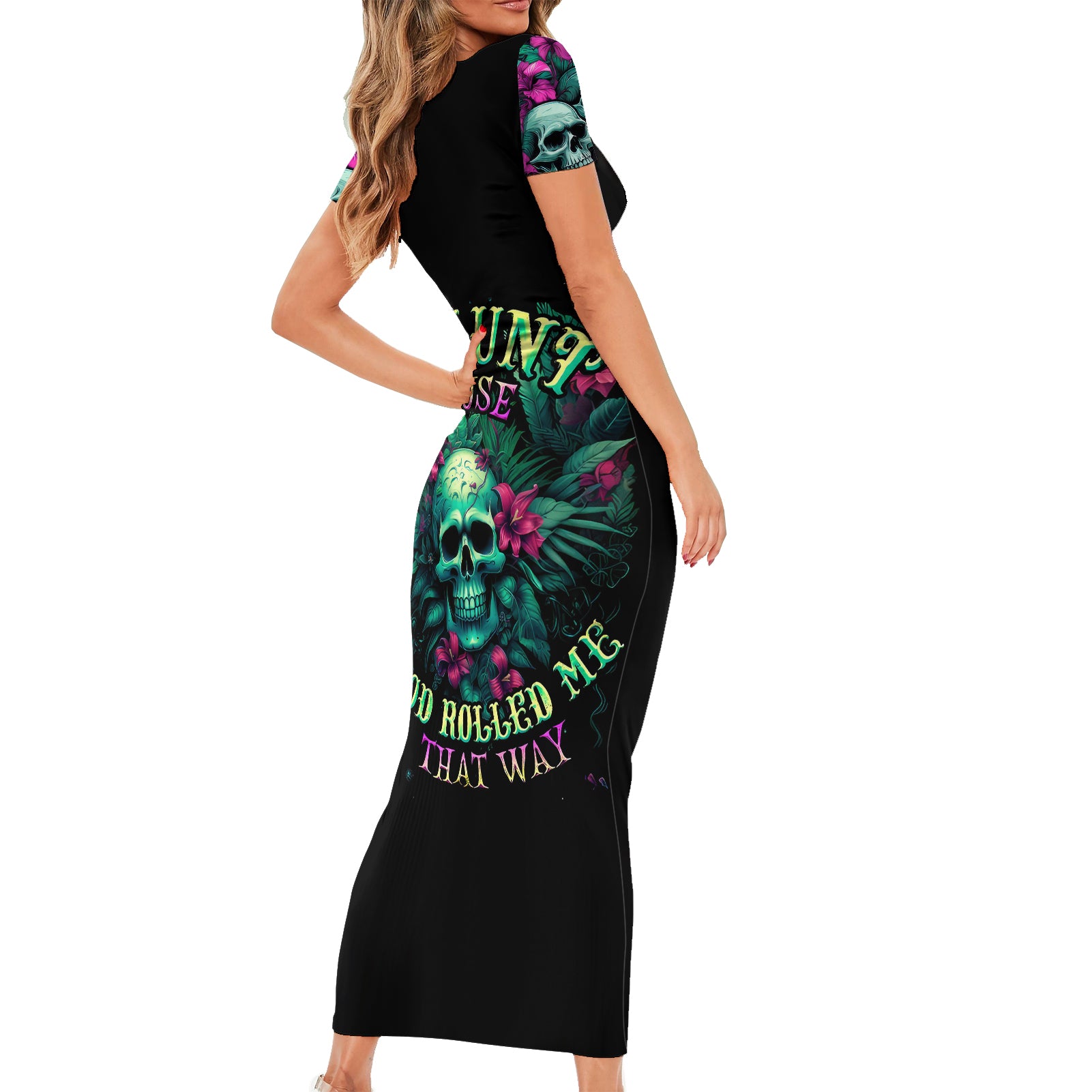 Tropical Skull Short Sleeve Bodycon Dress I'm Blunt Because God Rolled Me That Way - Wonder Print Shop