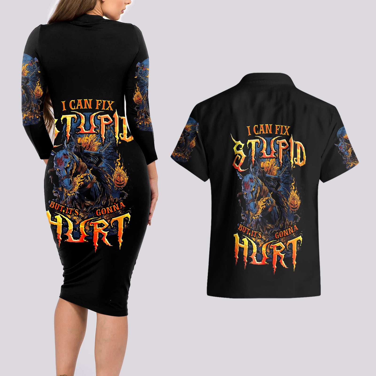 Jack O Lantern Skull Couples Matching Long Sleeve Bodycon Dress and Hawaiian Shirt I Can Fix Stupid But It's Gonna Hurt - Wonder Print Shop