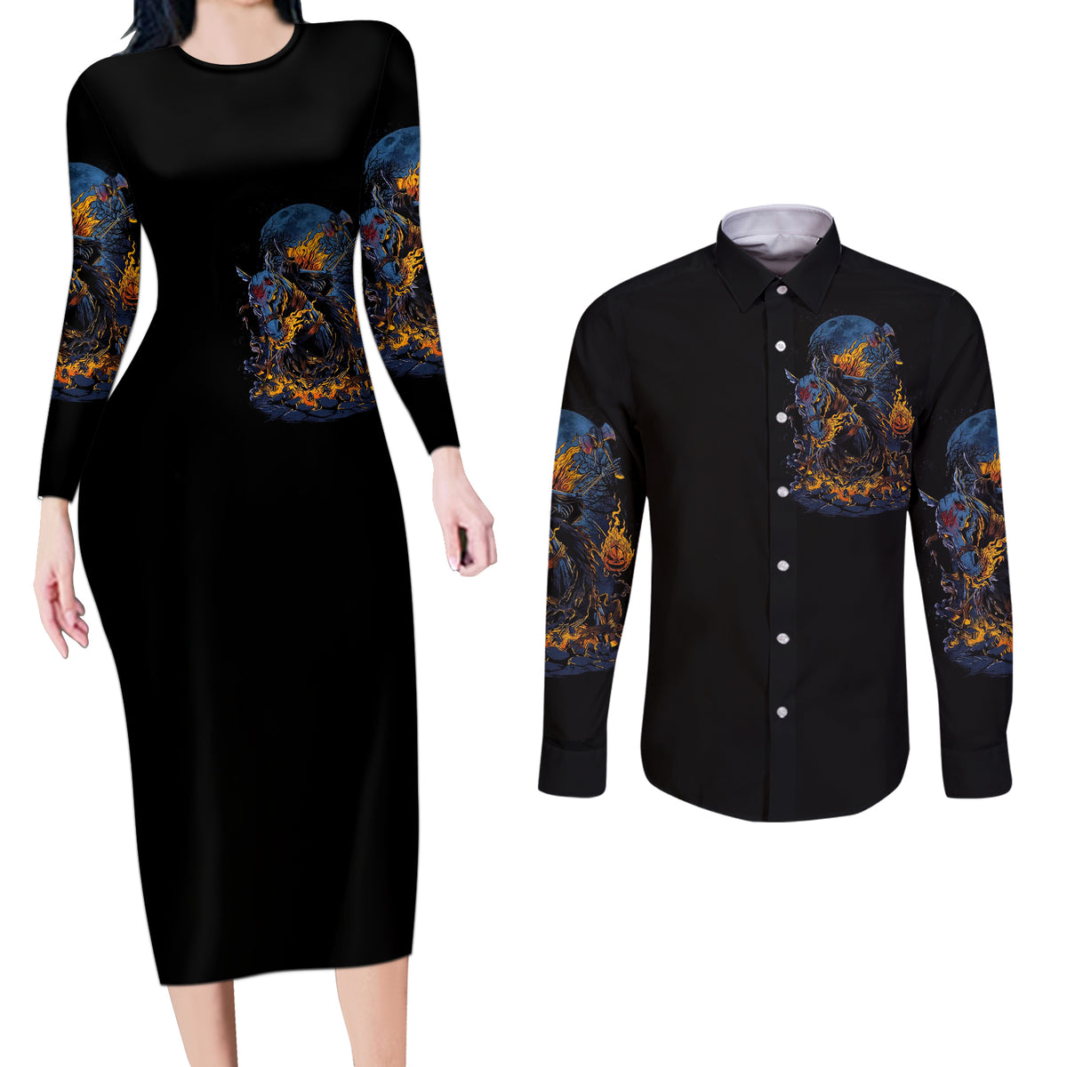Jack O Lantern Skull Couples Matching Long Sleeve Bodycon Dress and Long Sleeve Button Shirts I Can Fix Stupid But It's Gonna Hurt - Wonder Print Shop