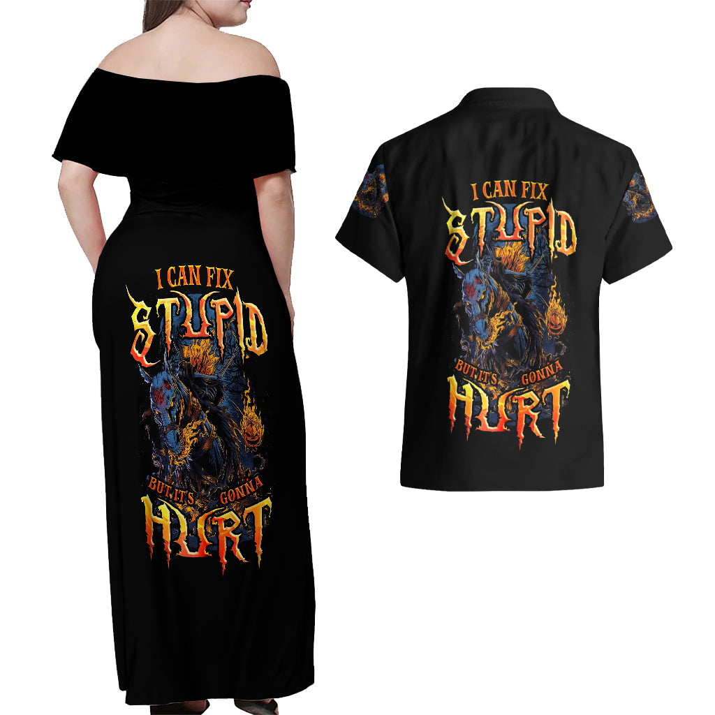 Jack O Lantern Skull Couples Matching Off Shoulder Maxi Dress and Hawaiian Shirt I Can Fix Stupid But It's Gonna Hurt - Wonder Print Shop
