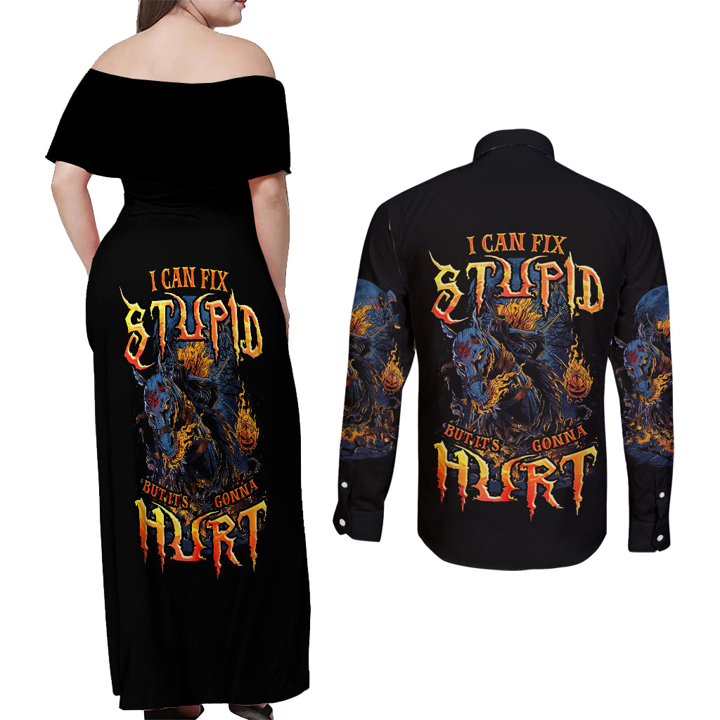 Jack O Lantern Skull Couples Matching Off Shoulder Maxi Dress and Long Sleeve Button Shirts I Can Fix Stupid But It's Gonna Hurt - Wonder Print Shop