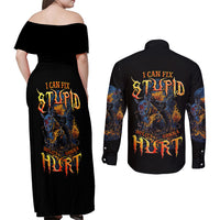 Jack O Lantern Skull Couples Matching Off Shoulder Maxi Dress and Long Sleeve Button Shirts I Can Fix Stupid But It's Gonna Hurt - Wonder Print Shop