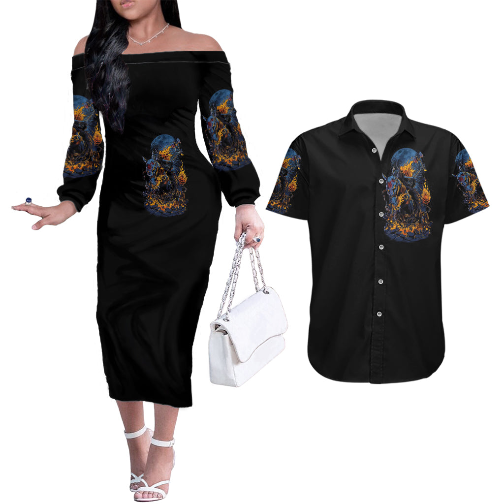 Jack O Lantern Skull Couples Matching Off The Shoulder Long Sleeve Dress and Hawaiian Shirt I Can Fix Stupid But It's Gonna Hurt - Wonder Print Shop