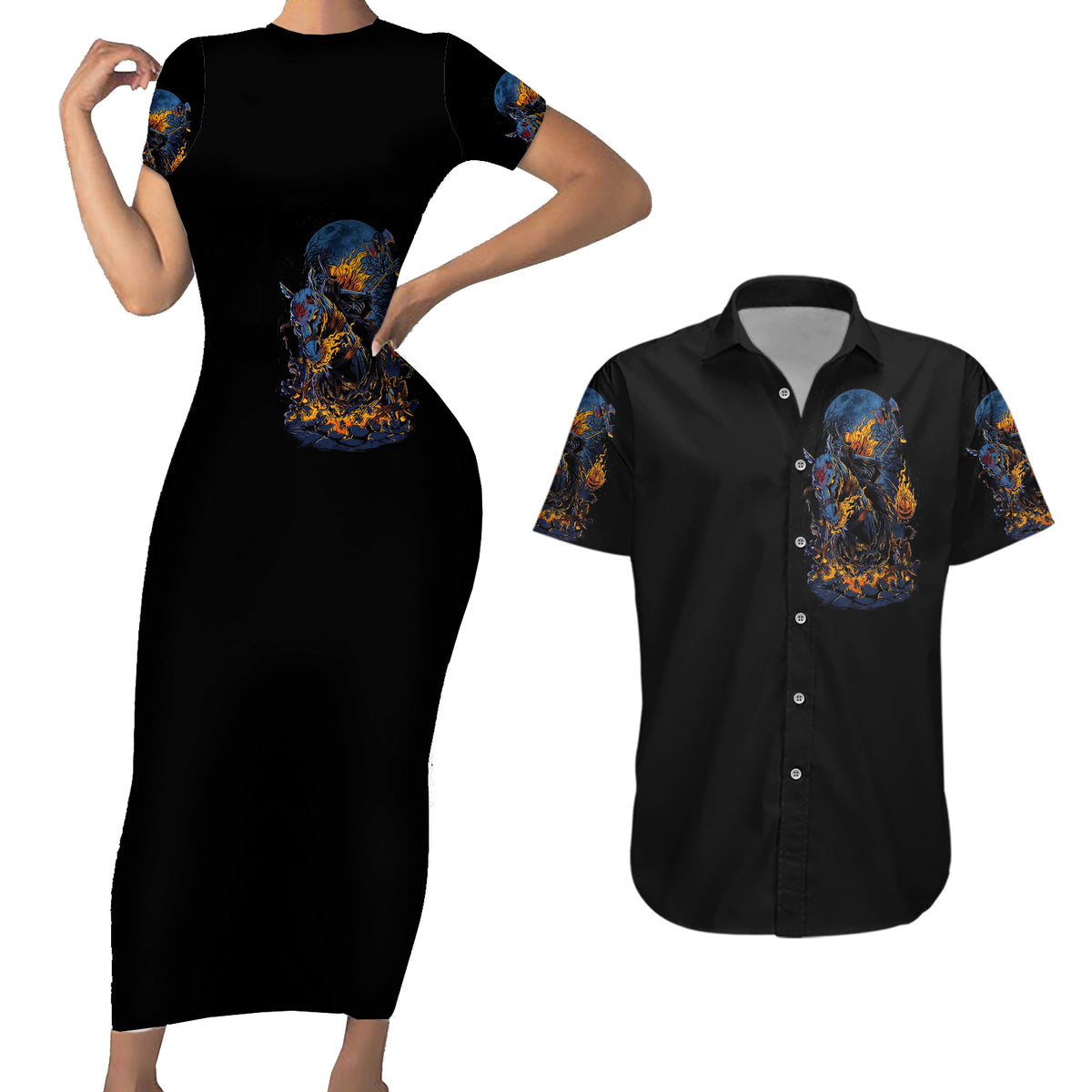 Jack O Lantern Skull Couples Matching Short Sleeve Bodycon Dress and Hawaiian Shirt I Can Fix Stupid But It's Gonna Hurt - Wonder Print Shop