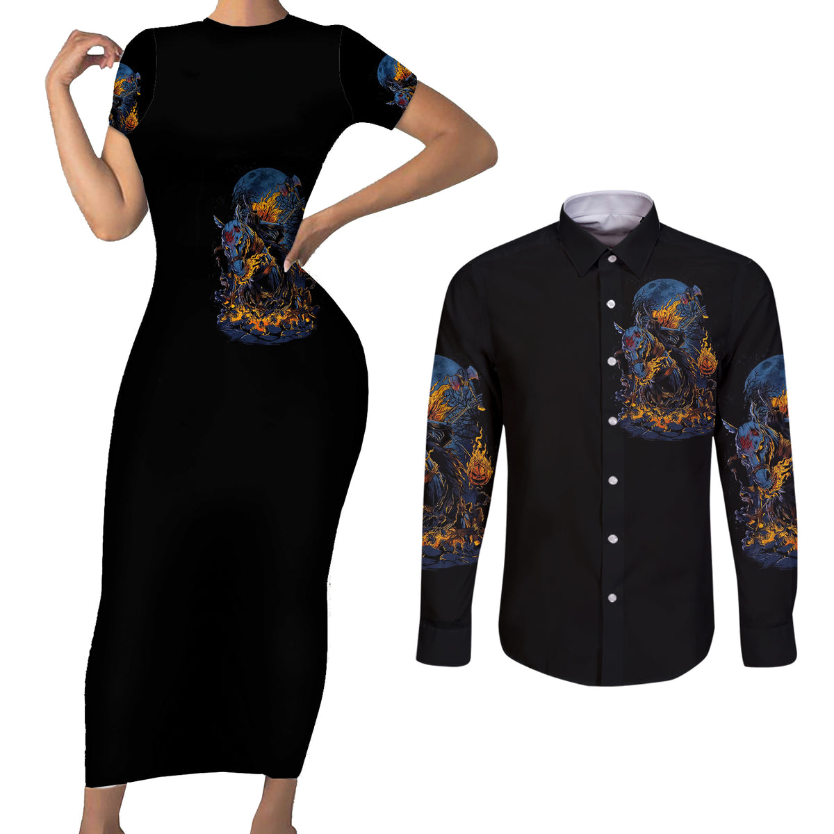 Jack O Lantern Skull Couples Matching Short Sleeve Bodycon Dress and Long Sleeve Button Shirts I Can Fix Stupid But It's Gonna Hurt - Wonder Print Shop