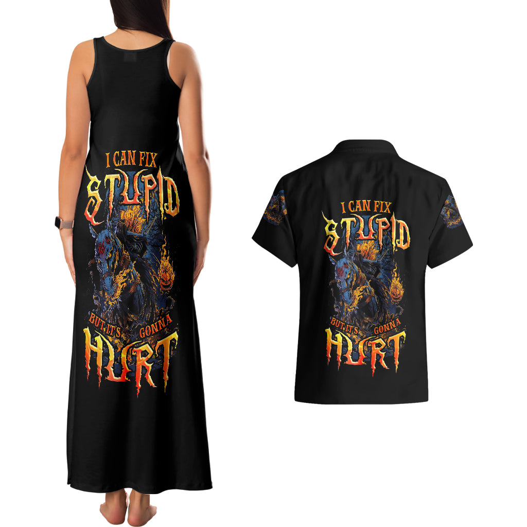 Jack O Lantern Skull Couples Matching Tank Maxi Dress and Hawaiian Shirt I Can Fix Stupid But It's Gonna Hurt - Wonder Print Shop