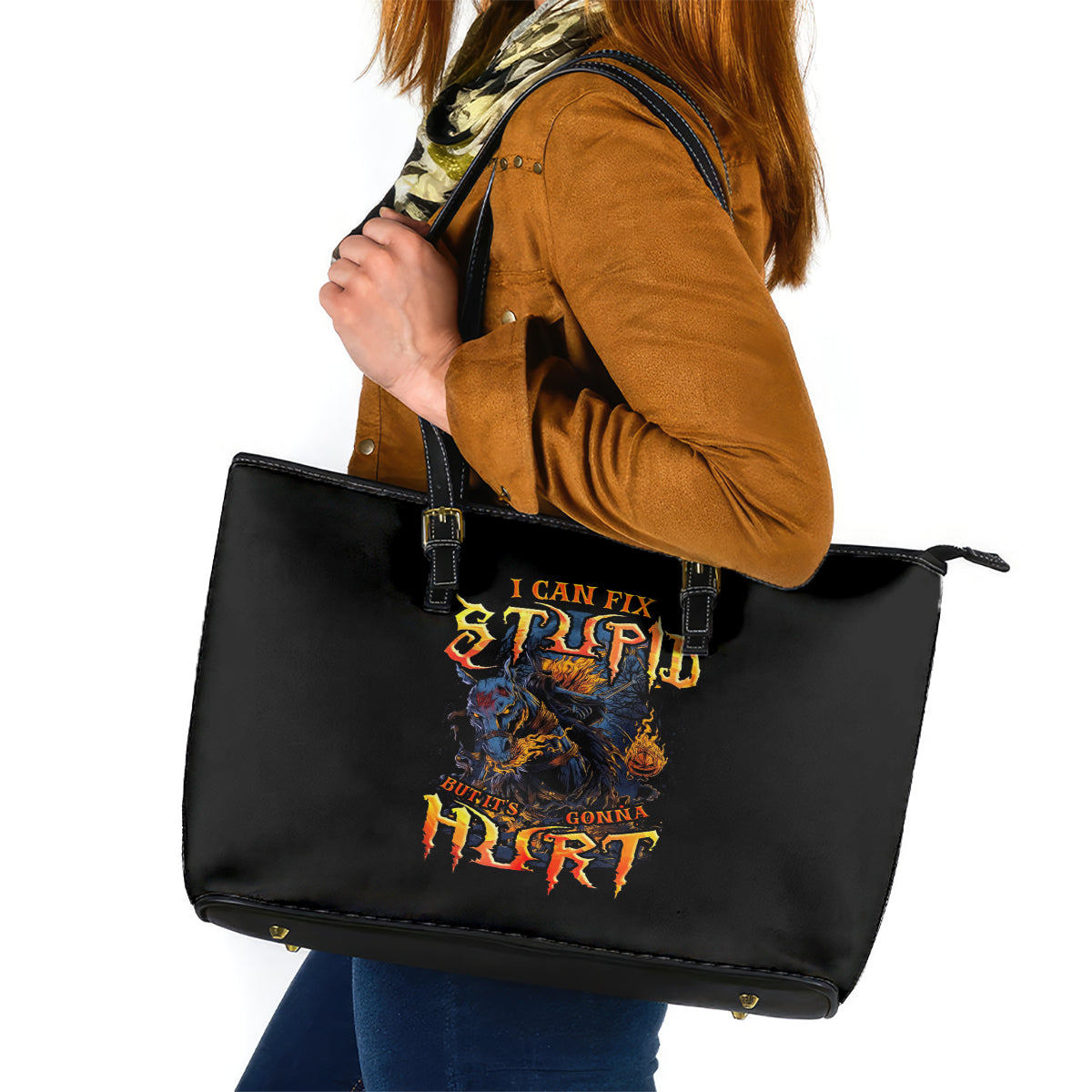 Jack O Lantern Skull Leather Tote Bag I Can Fix Stupid But It's Gonna Hurt - Wonder Print Shop