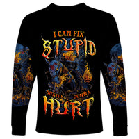 Jack O Lantern Skull Long Sleeve Shirt I Can Fix Stupid But It's Gonna Hurt - Wonder Print Shop
