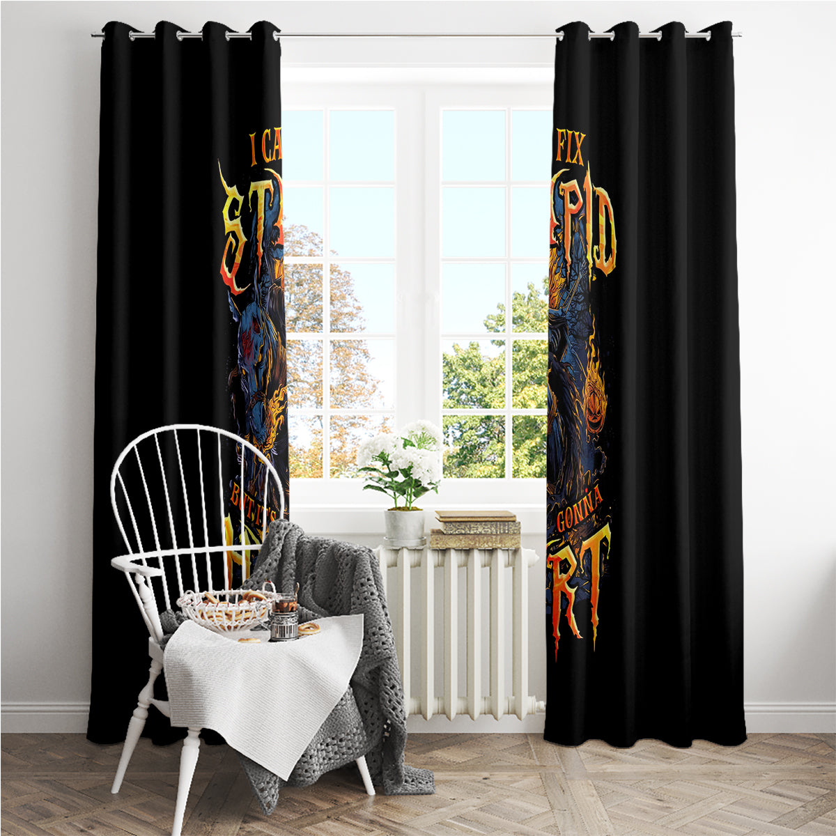 Jack O Lantern Skull Window Curtain I Can Fix Stupid But It's Gonna Hurt - Wonder Print Shop