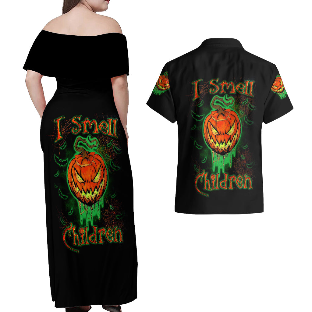 Jack O Lantern Skull Couples Matching Off Shoulder Maxi Dress and Hawaiian Shirt I Smell Children - Wonder Print Shop