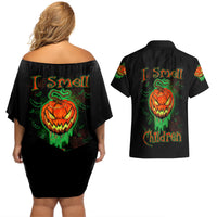 Jack O Lantern Skull Couples Matching Off Shoulder Short Dress and Hawaiian Shirt I Smell Children - Wonder Print Shop