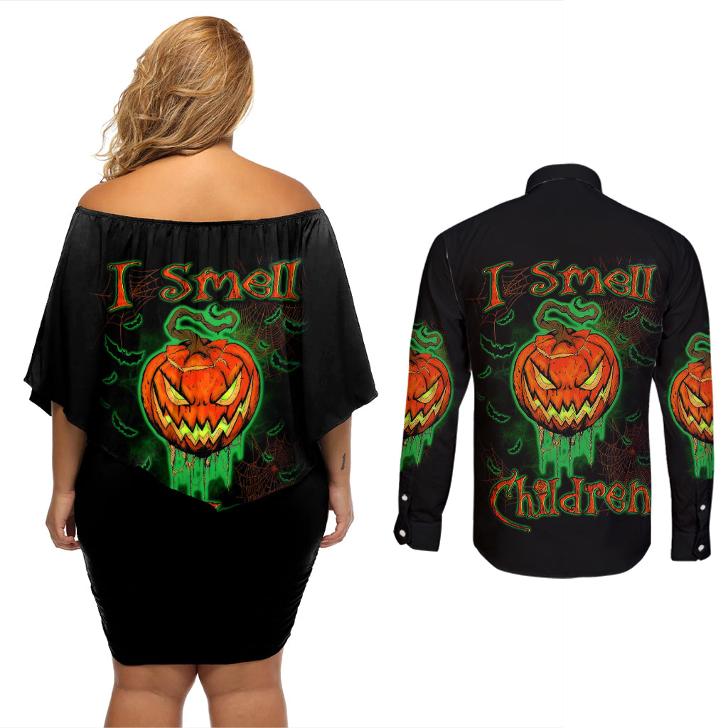 Jack O Lantern Skull Couples Matching Off Shoulder Short Dress and Long Sleeve Button Shirts I Smell Children - Wonder Print Shop