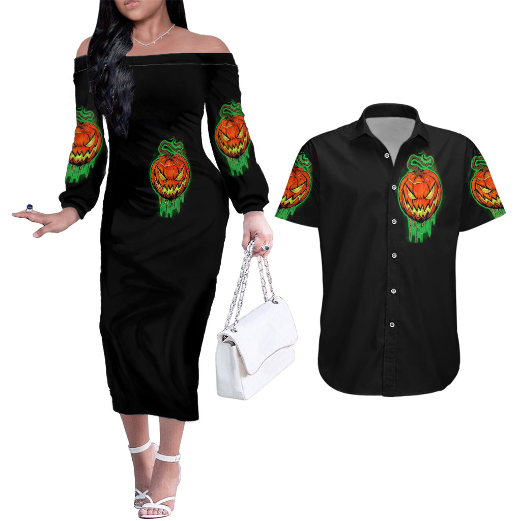 Jack O Lantern Skull Couples Matching Off The Shoulder Long Sleeve Dress and Hawaiian Shirt I Smell Children - Wonder Print Shop