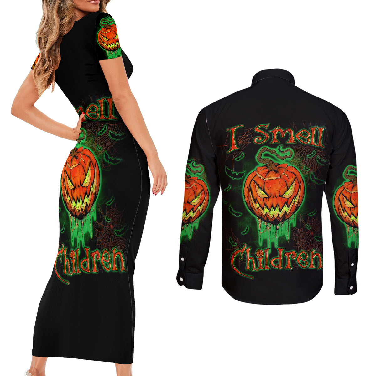Jack O Lantern Skull Couples Matching Short Sleeve Bodycon Dress and Long Sleeve Button Shirts I Smell Children - Wonder Print Shop