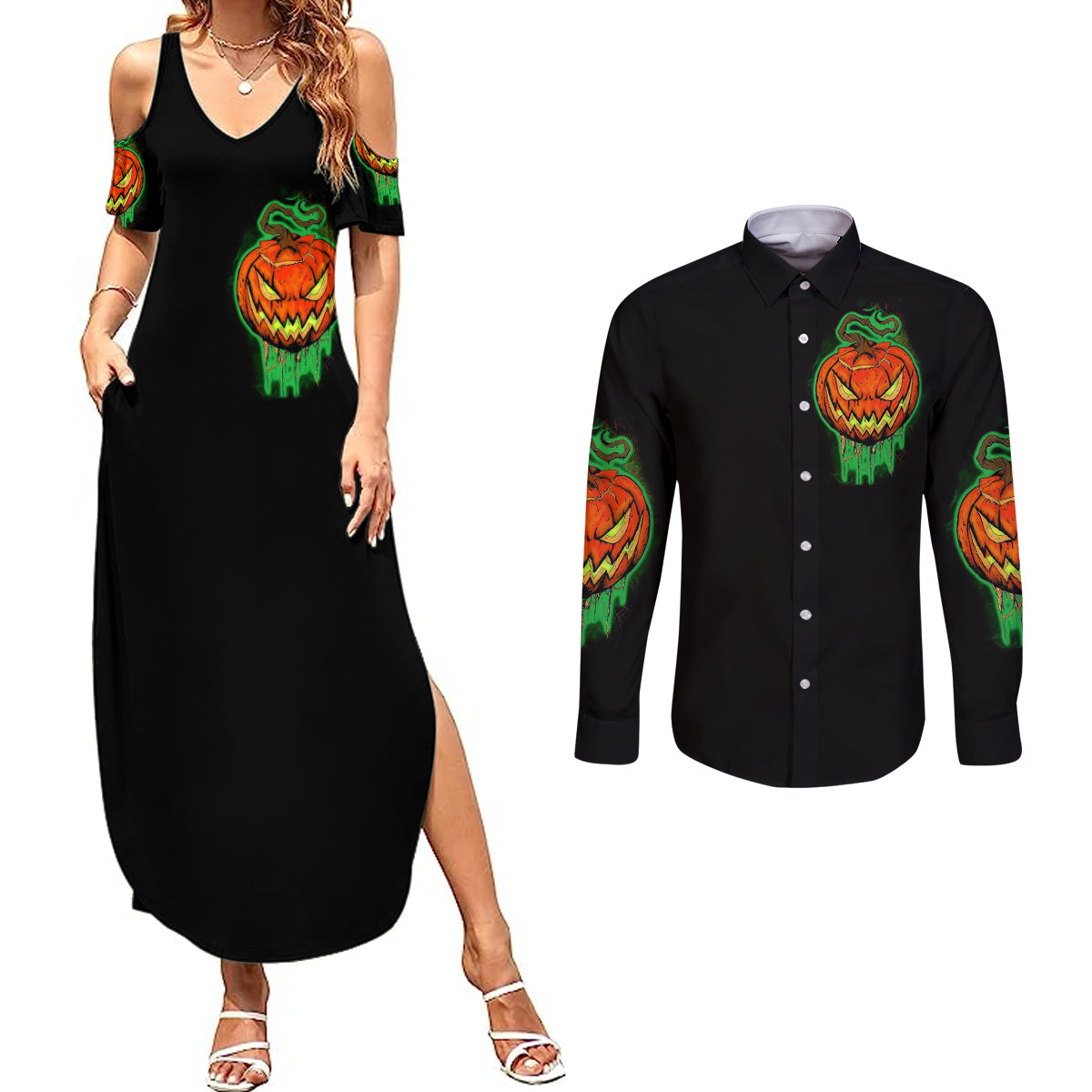 Jack O Lantern Skull Couples Matching Summer Maxi Dress and Long Sleeve Button Shirts I Smell Children - Wonder Print Shop