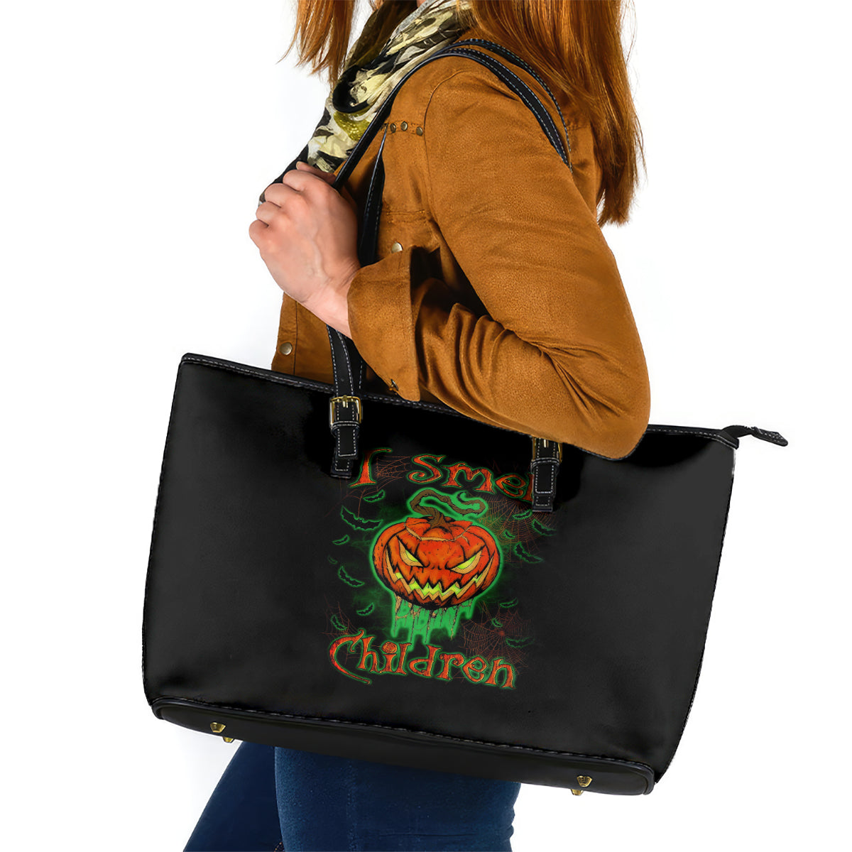 Jack O Lantern Skull Leather Tote Bag I Smell Children - Wonder Print Shop