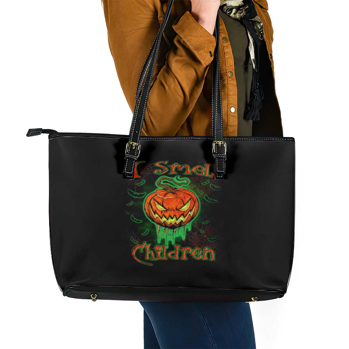 Jack O Lantern Skull Leather Tote Bag I Smell Children - Wonder Print Shop
