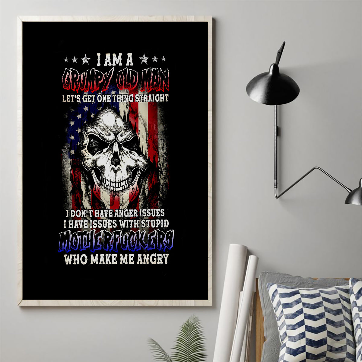American Skull Canvas Wall Art Grumpy Old Man Motherfuckers Who Make Me Angry - Wonder Print Shop