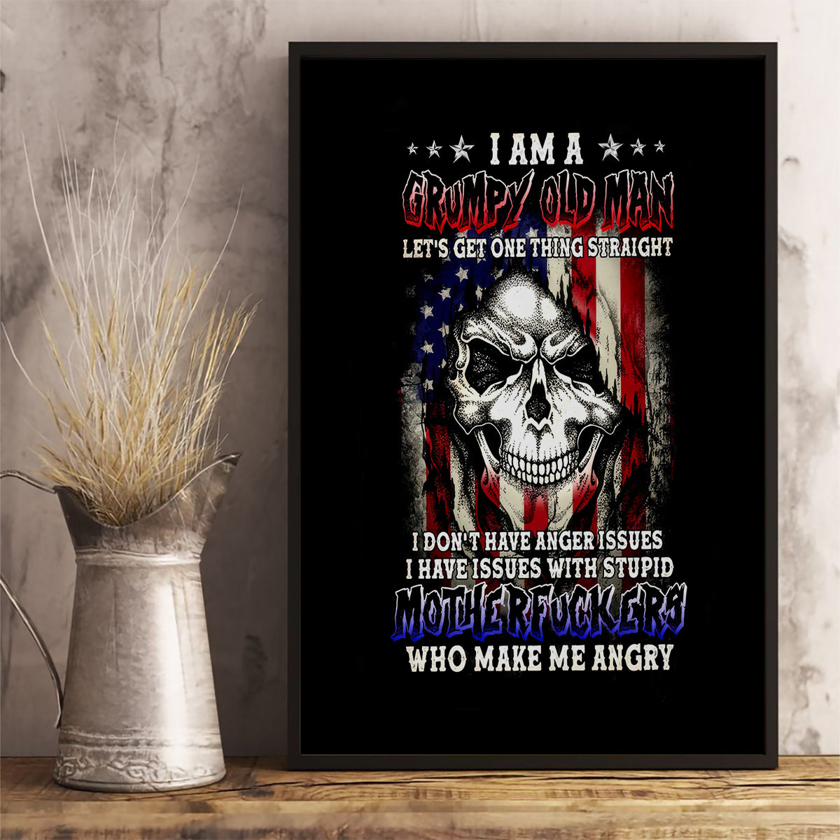 American Skull Canvas Wall Art Grumpy Old Man Motherfuckers Who Make Me Angry - Wonder Print Shop