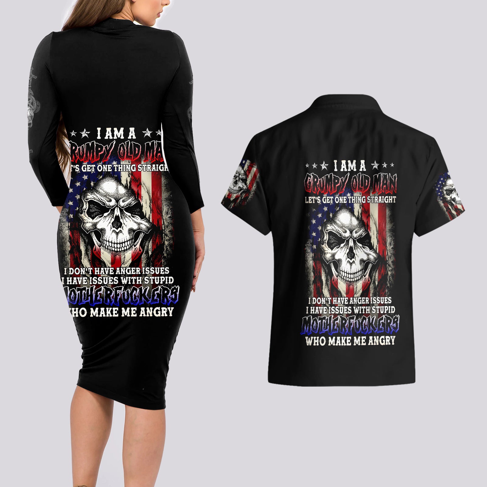 American Skull Couples Matching Long Sleeve Bodycon Dress and Hawaiian Shirt Grumpy Old Man Motherfuckers Who Make Me Angry - Wonder Print Shop
