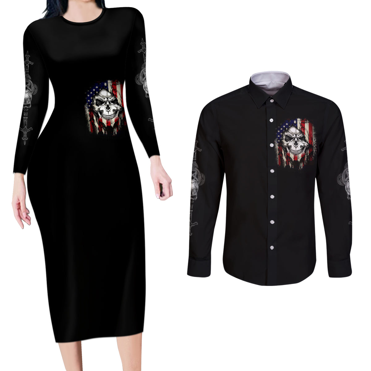 American Skull Couples Matching Long Sleeve Bodycon Dress and Long Sleeve Button Shirts Grumpy Old Man Motherfuckers Who Make Me Angry - Wonder Print Shop