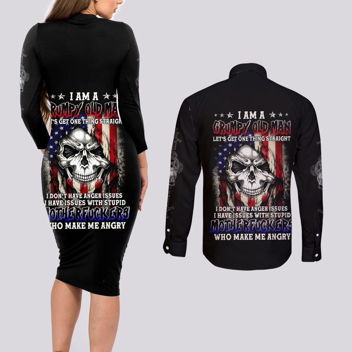 American Skull Couples Matching Long Sleeve Bodycon Dress and Long Sleeve Button Shirts Grumpy Old Man Motherfuckers Who Make Me Angry - Wonder Print Shop