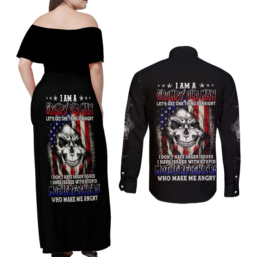 American Skull Couples Matching Off Shoulder Maxi Dress and Long Sleeve Button Shirts Grumpy Old Man Motherfuckers Who Make Me Angry - Wonder Print Shop