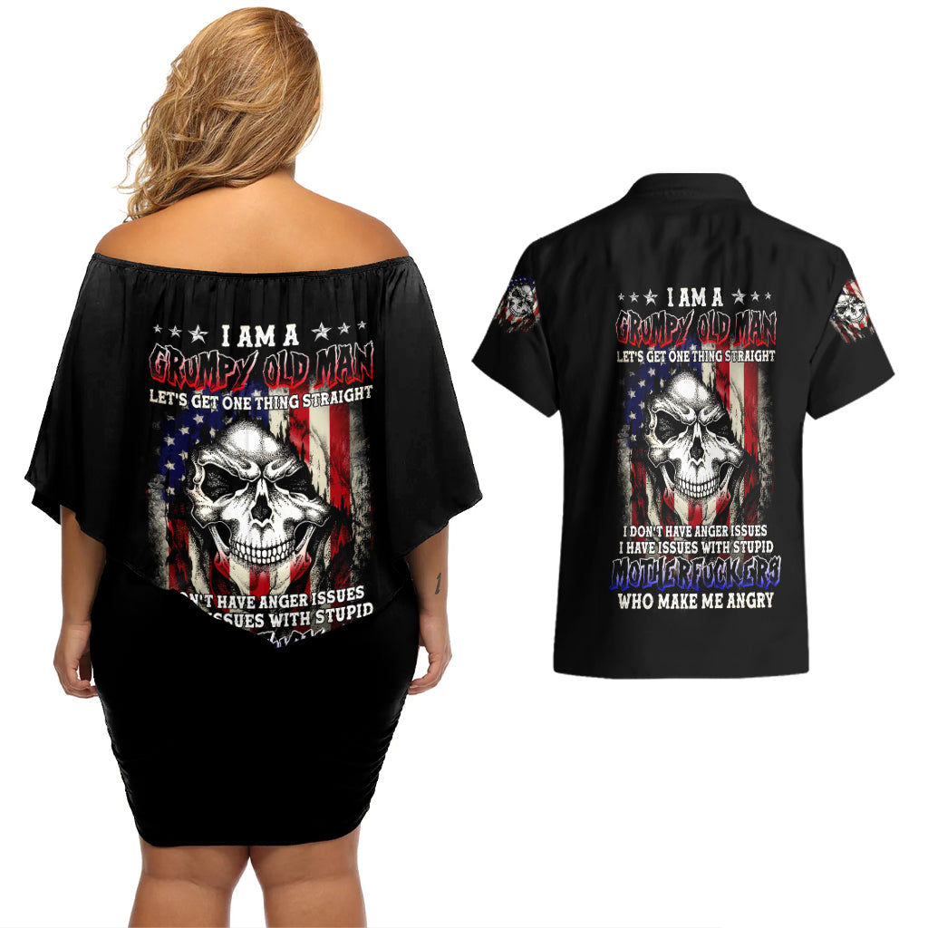 American Skull Couples Matching Off Shoulder Short Dress and Hawaiian Shirt Grumpy Old Man Motherfuckers Who Make Me Angry - Wonder Print Shop