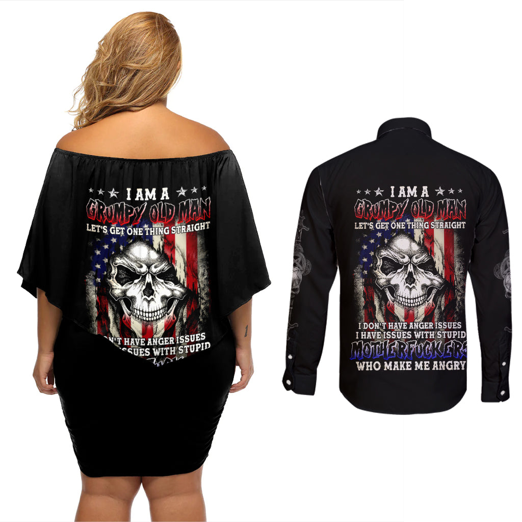 American Skull Couples Matching Off Shoulder Short Dress and Long Sleeve Button Shirts Grumpy Old Man Motherfuckers Who Make Me Angry - Wonder Print Shop