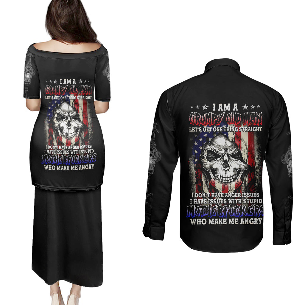 American Skull Couples Matching Puletasi Dress and Long Sleeve Button Shirts Grumpy Old Man Motherfuckers Who Make Me Angry - Wonder Print Shop