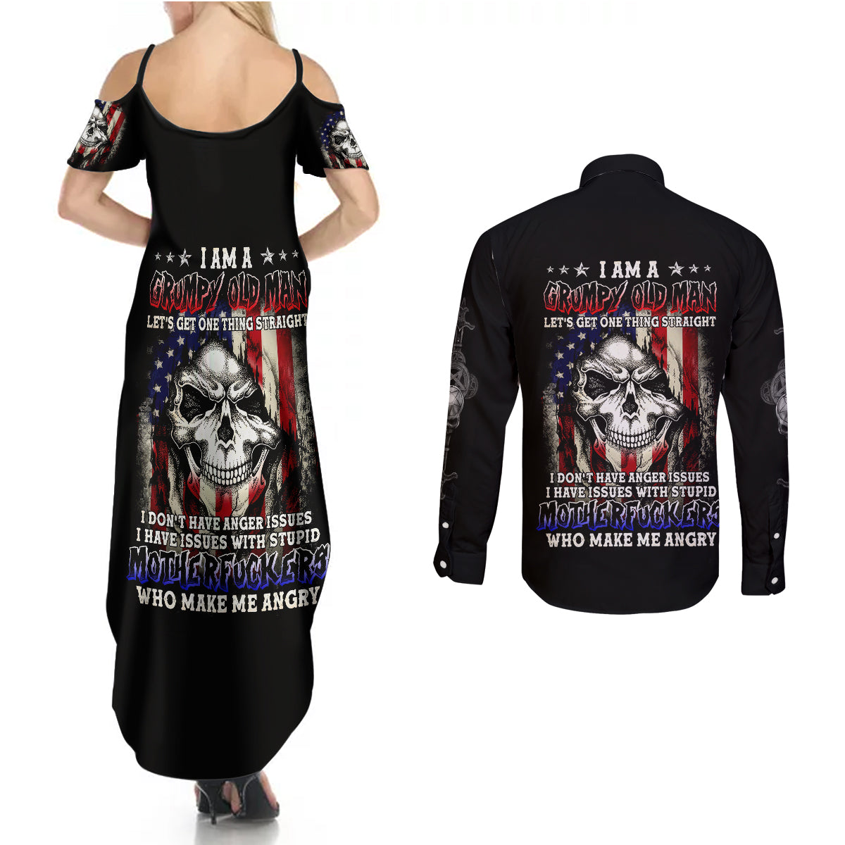 American Skull Couples Matching Summer Maxi Dress and Long Sleeve Button Shirts Grumpy Old Man Motherfuckers Who Make Me Angry - Wonder Print Shop
