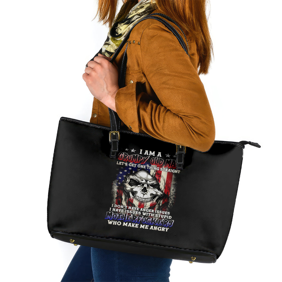 American Skull Leather Tote Bag Grumpy Old Man Motherfuckers Who Make Me Angry - Wonder Print Shop