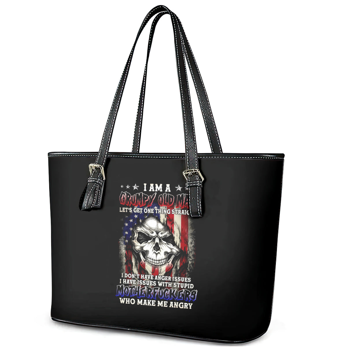 American Skull Leather Tote Bag Grumpy Old Man Motherfuckers Who Make Me Angry - Wonder Print Shop