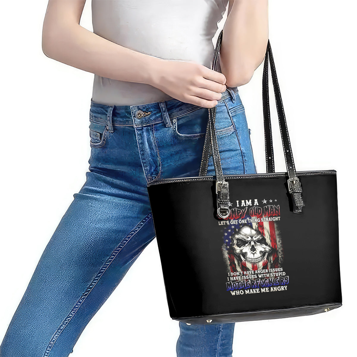American Skull Leather Tote Bag Grumpy Old Man Motherfuckers Who Make Me Angry - Wonder Print Shop