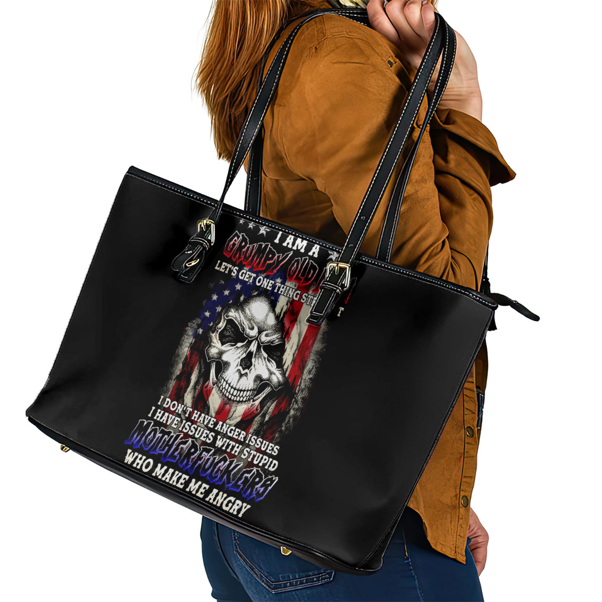 American Skull Leather Tote Bag Grumpy Old Man Motherfuckers Who Make Me Angry - Wonder Print Shop