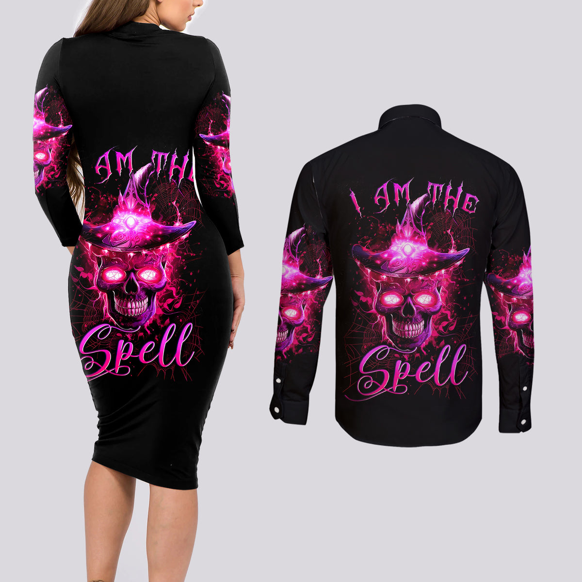 Witch Skull Couples Matching Long Sleeve Bodycon Dress and Long Sleeve Button Shirts Iam The Spell - Wonder Print Shop