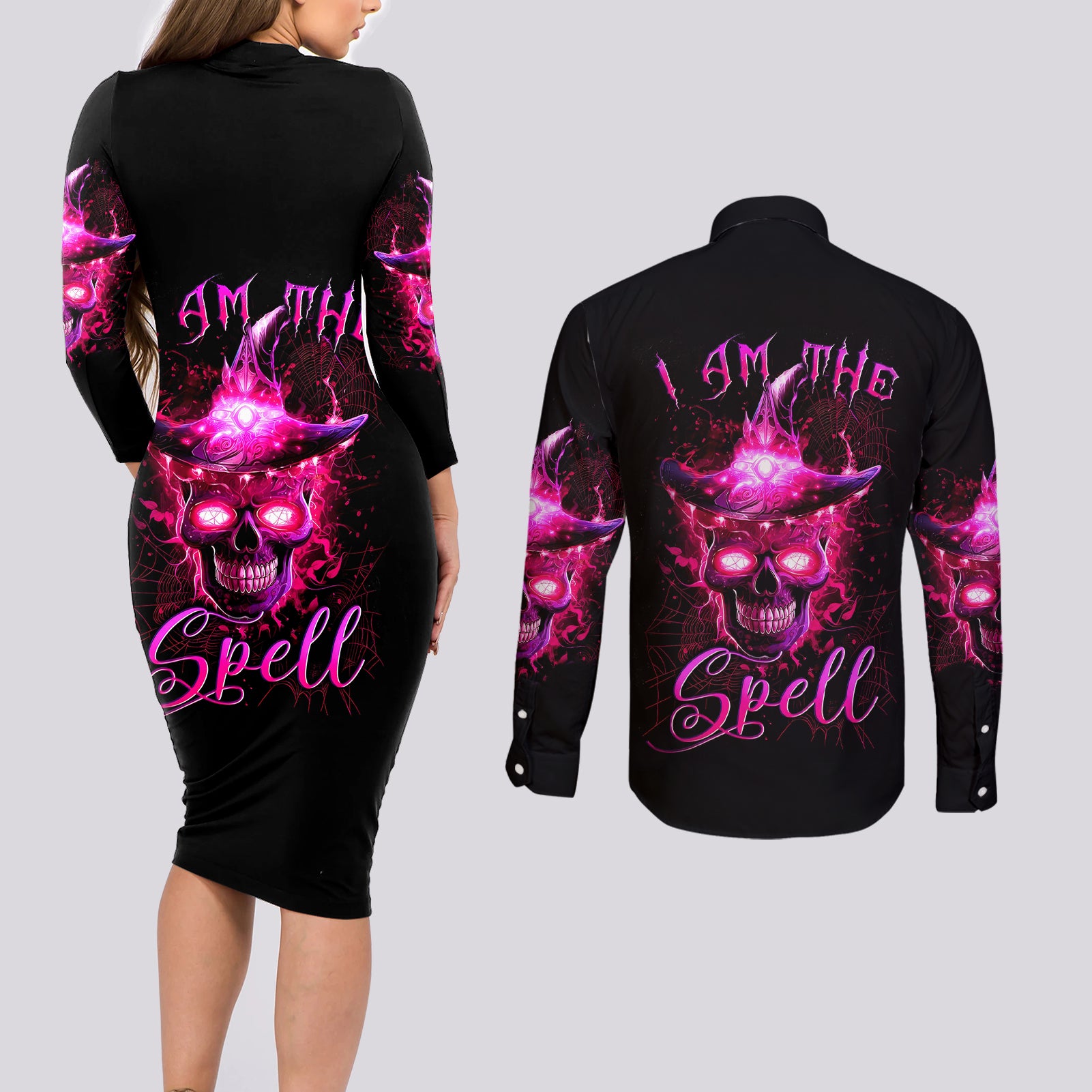 Witch Skull Couples Matching Long Sleeve Bodycon Dress and Long Sleeve Button Shirts Iam The Spell - Wonder Print Shop